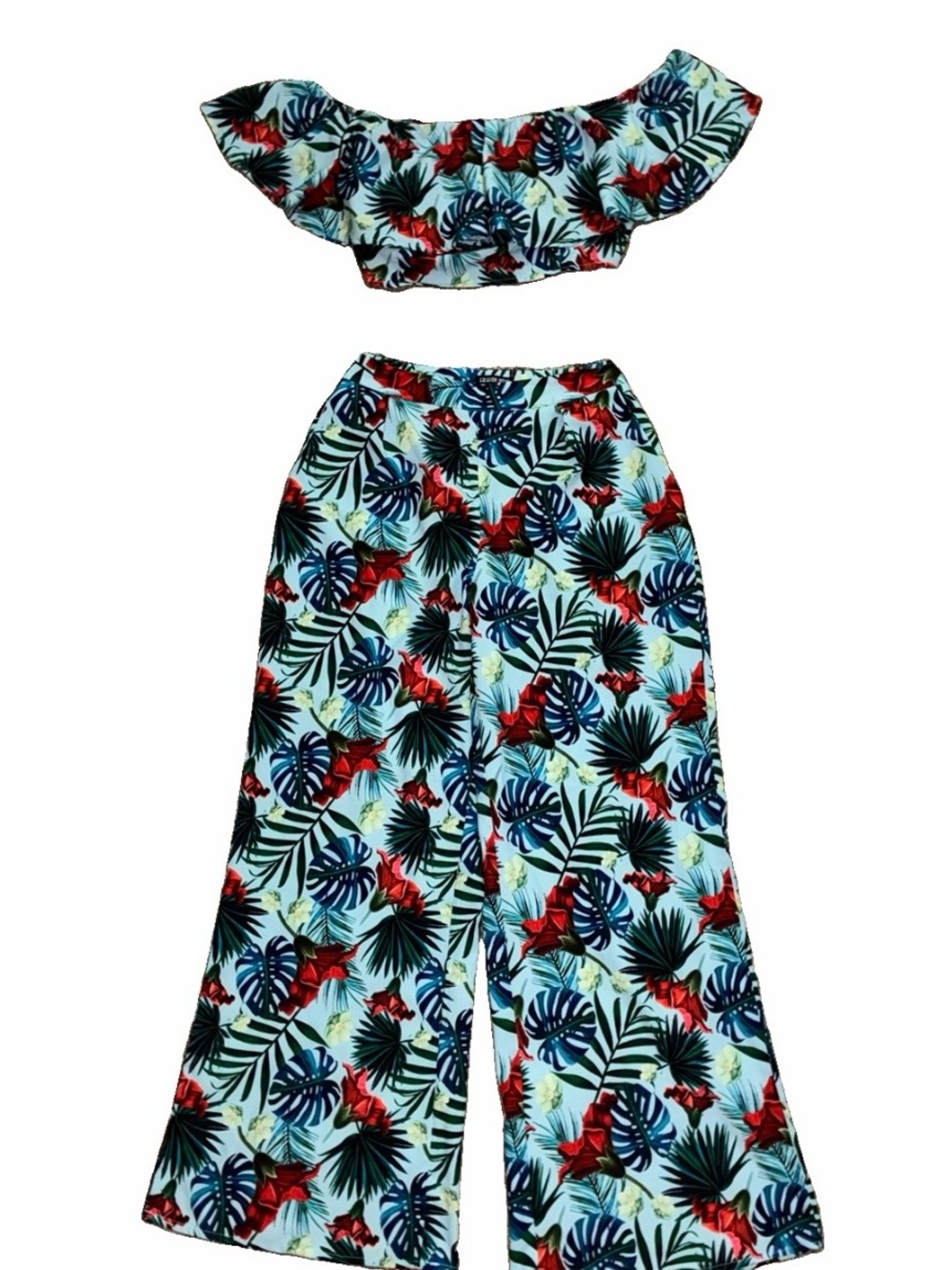 Fashion Nova Turquoise Floral Wide-Leg Trousers Set with Red & Navy Print